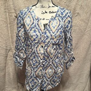 JM Collection size 14 large 100% linen blue beige green white button down shirt